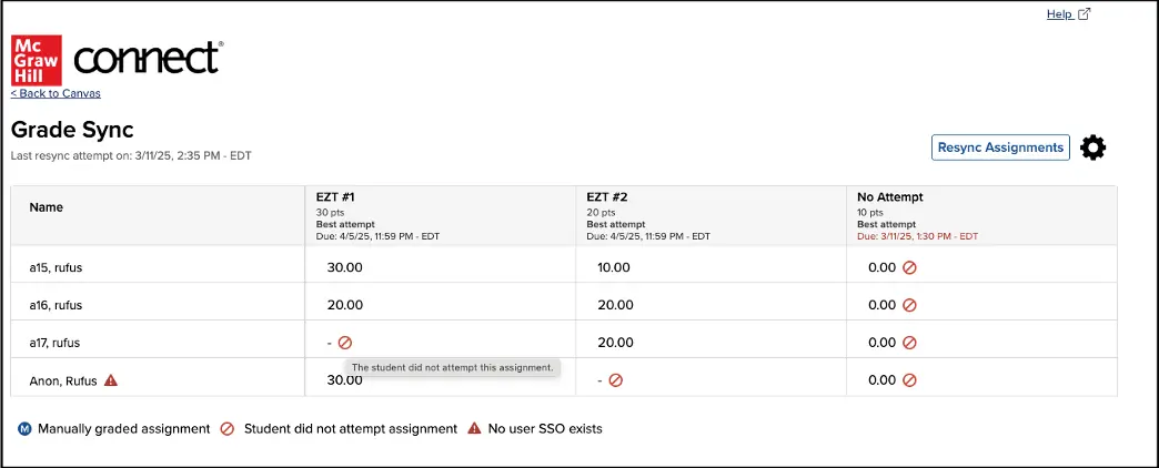 Connect Grade Sync page screenshot