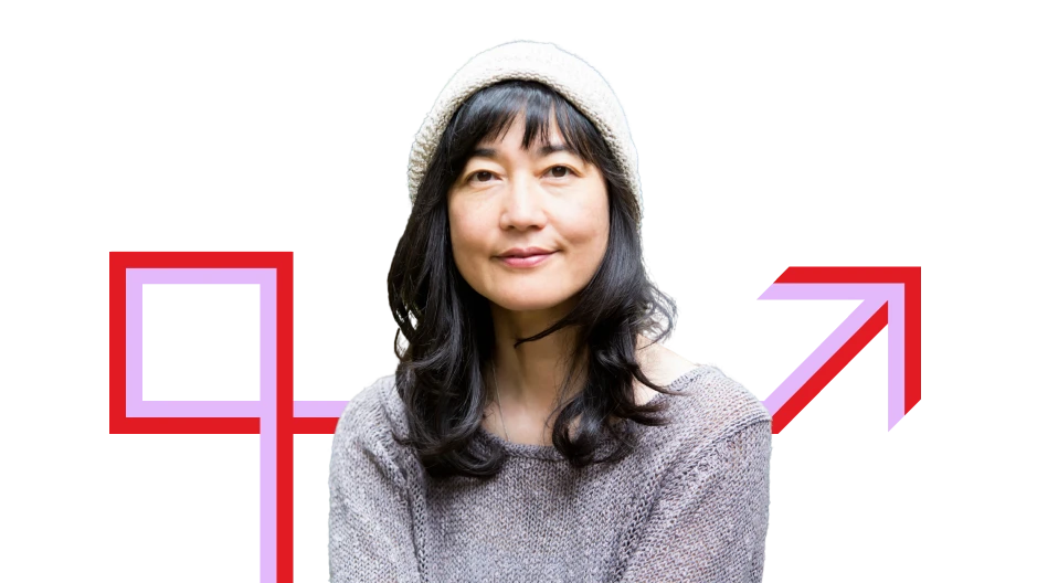 Photo of woman with graphics in the background.