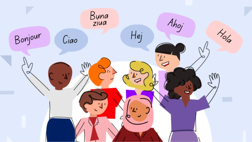Graphic of characters speaking different languages.