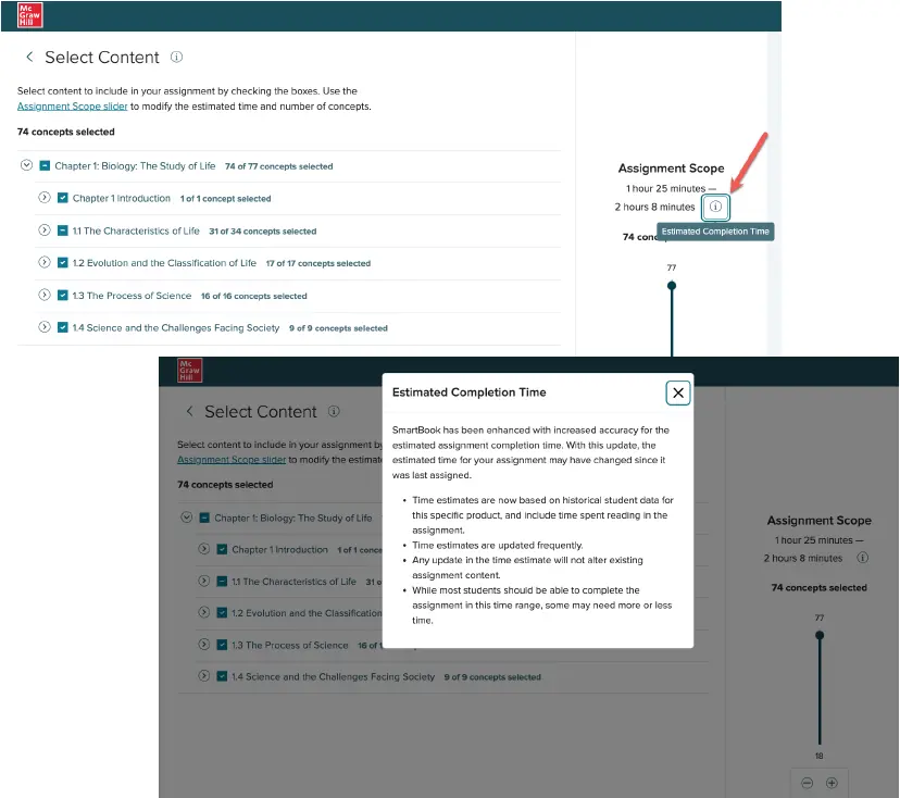 Connect screenshot showing SmartBook and Adaptive Learning Assignment