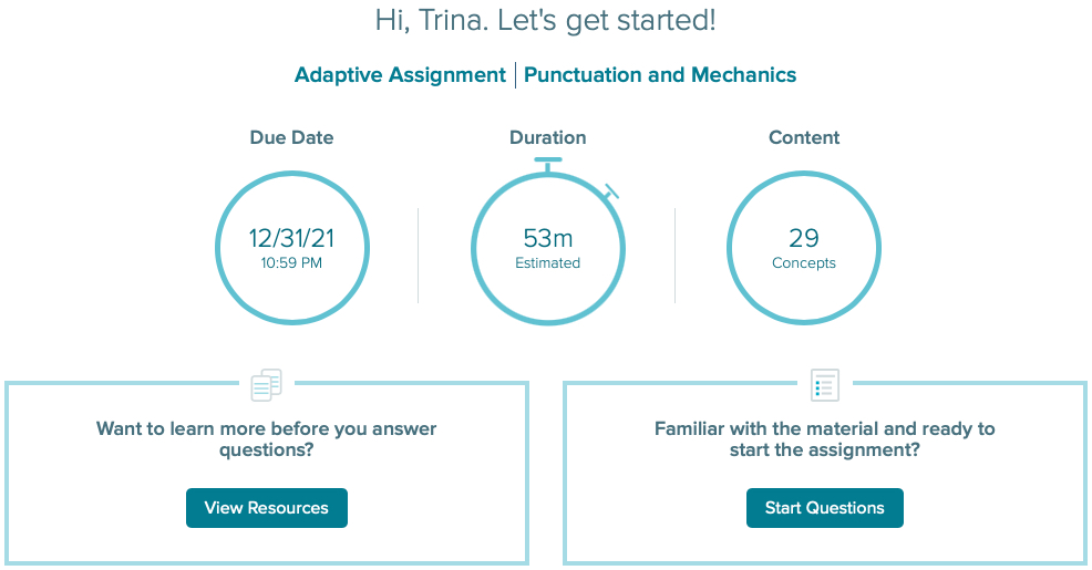 Connect interface screenshot showing example of how assignments are personalized for individual students.