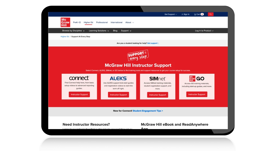 Tablet displaying the support at every step web page.