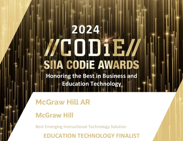 McGraw Hill AR Best Emerging Instructional Technology Solution, 2024 Codie Awards Education Technology Finalist badge 
