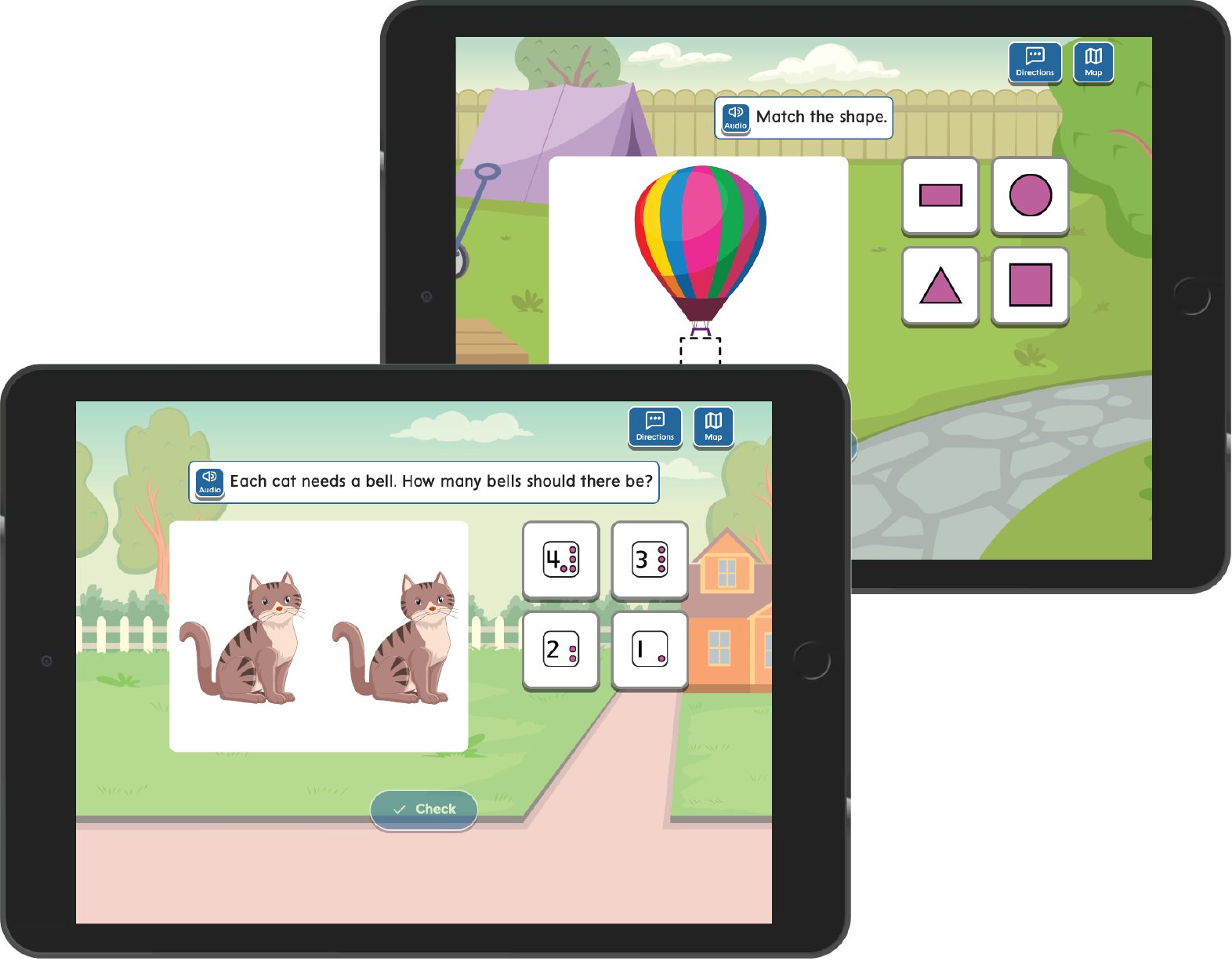 Two tablets show multiple choice questions from the program’s Digital Practice activities.