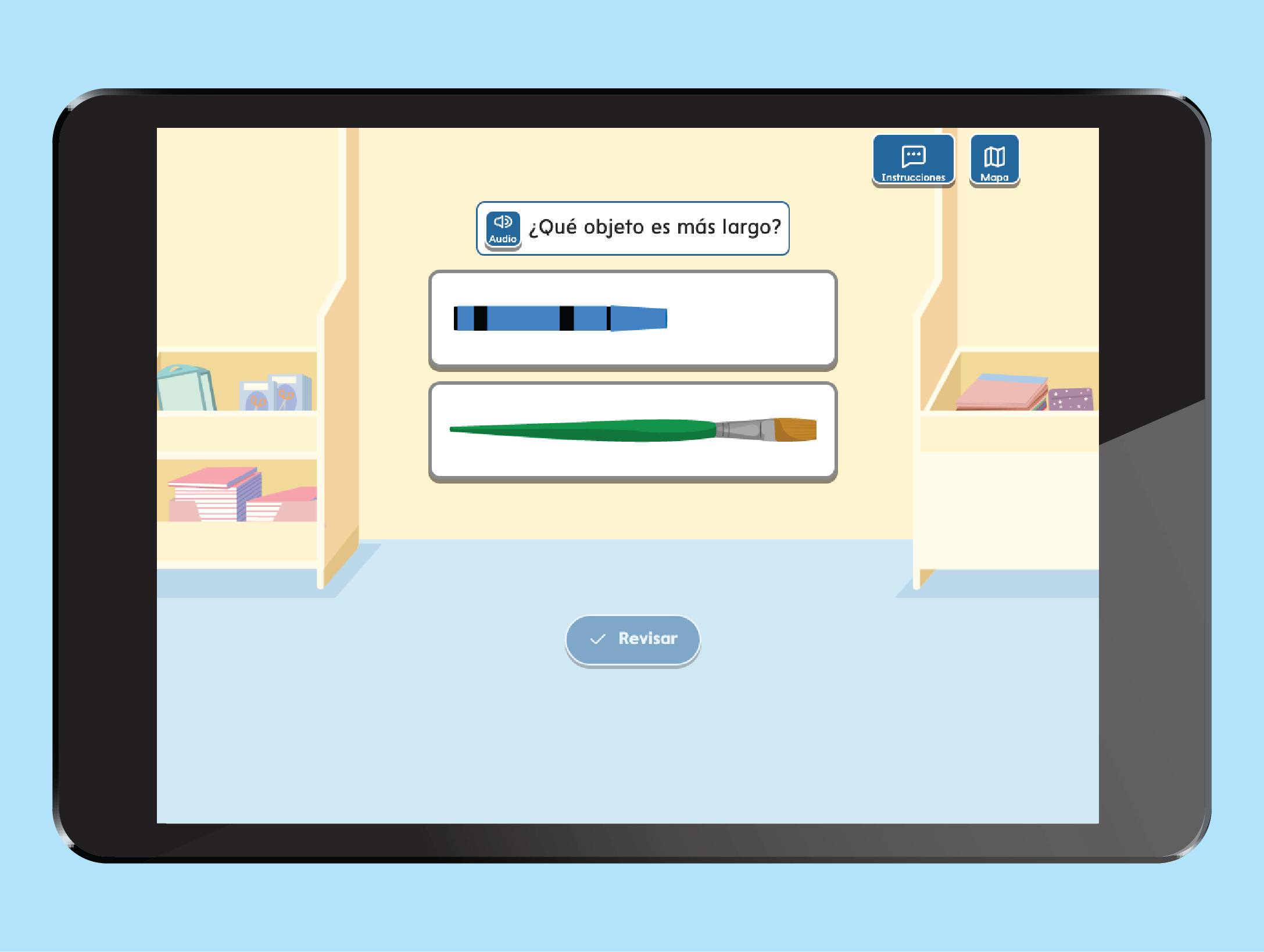 A tablet shows a sample from the program’s Digital Practice activities