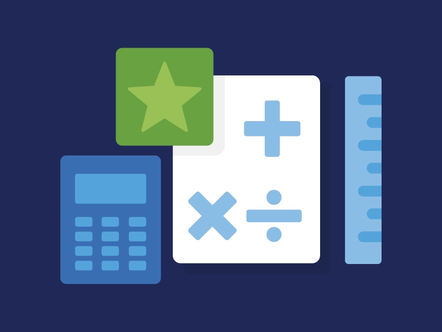 An abstract illustration of a calculatlor, a star, three math symbols, and a ruler.