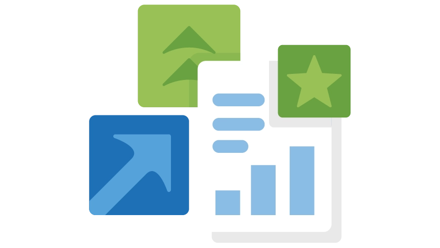 Abstract illustrations of upwards arrows, a star, and a paper with a bar graph.