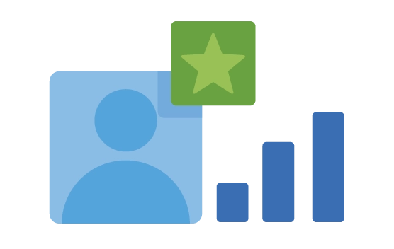 Abstract illustrations of a person, star, and bar graph trending upward.