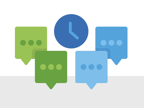  An abstract illustration of four speech  bubbles surrounding a clock. 