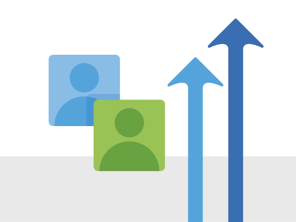 An abstract illustration of two arrows pointing upwards next to two icons representing students.