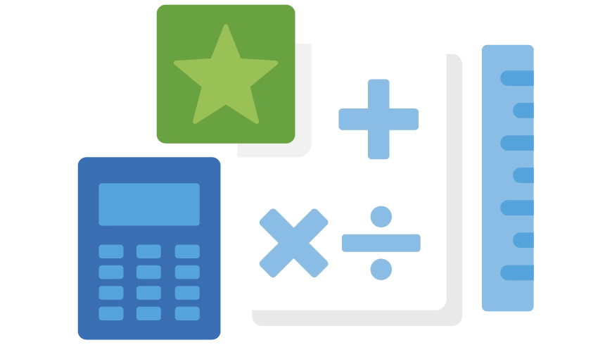 An abstract illustration of a calculator, ruler, star, and a multiplication, division, and plus sign.