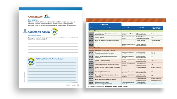 A page from the flexible pacing guide next to a Spanish reflection page.