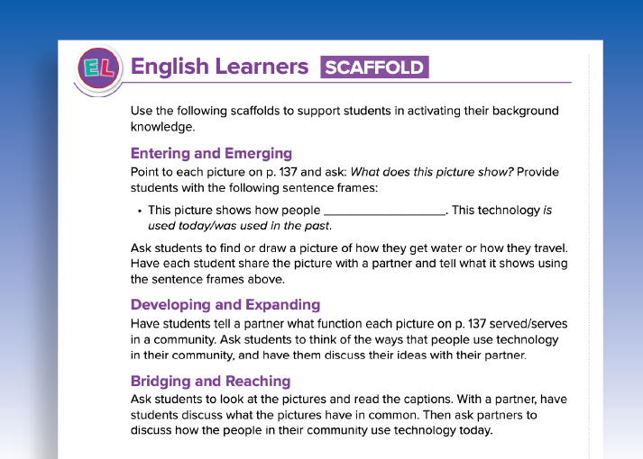 A sample of English learner scaffolds for three levels of language
proficiency—Entering and Emerging, Developing and Expanding, and Bridging and Reaching.