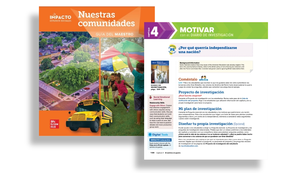 The cover of the Spanish Teacher’s Edition and a page from the Spanish Inquiry Journal.