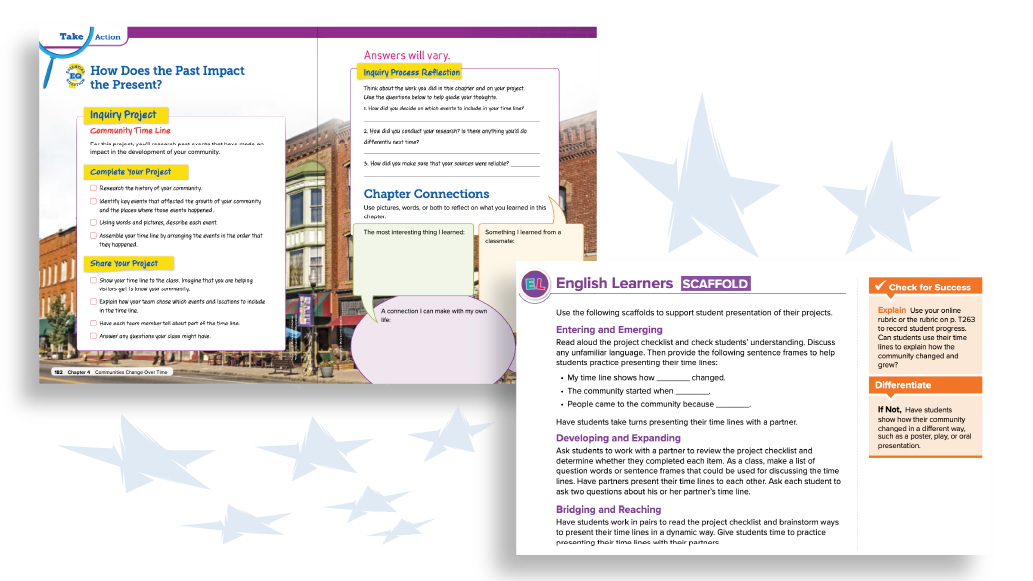 Two overlapping spreads from the textbook—one breaking down the Chapter Inquiry Project
and one with a sample of English Learner scaffolds.