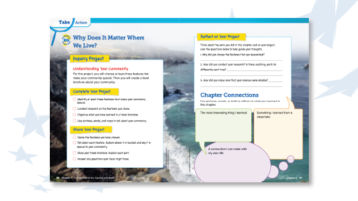 A spread from the book shows a checklist of tasks to complete,
share, and reflect on the Chapter Inquiry Project.