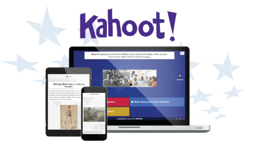 A laptop, tablet, and phone show Kahoot! quiz questions on the screen.