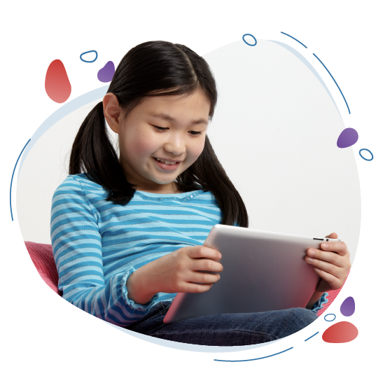 Adaptive, Personalized Reading Practice: A child smiles as she looks down at her tablet.
