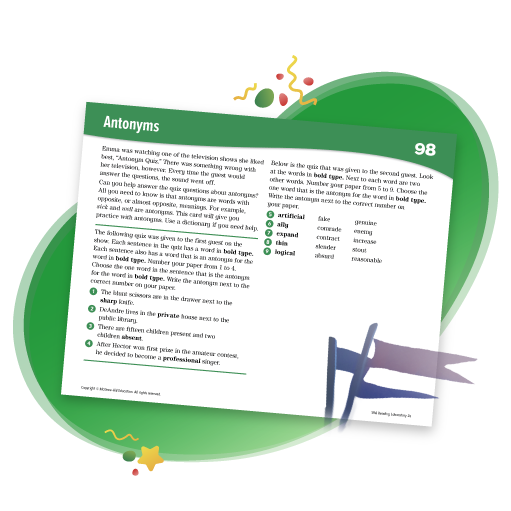 Check and Revisit: An excerpted Skill Builder features an exercise on antonyms.