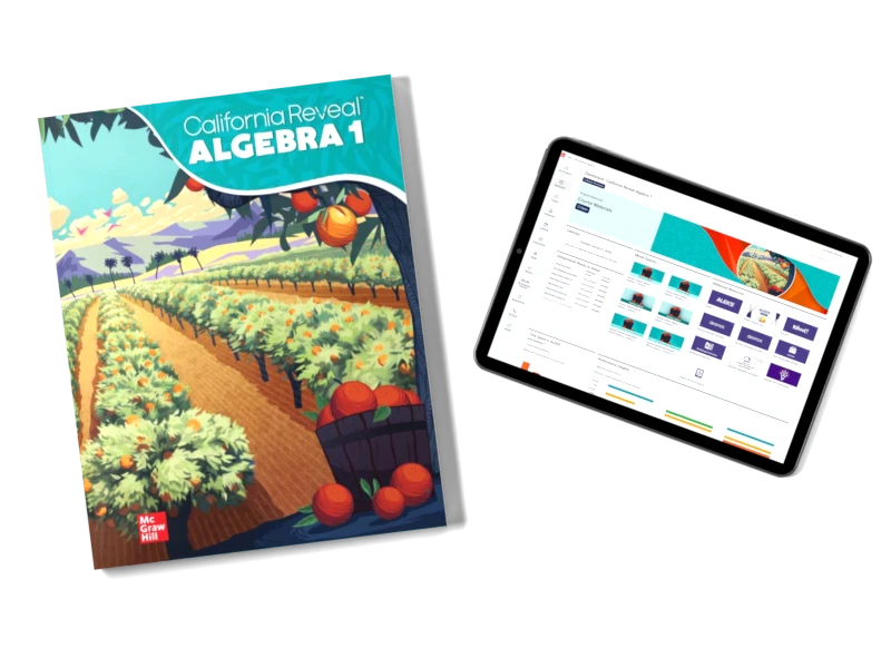 Alt Text: A California Reveal Math textbook and a tablet displaying the digital program. 