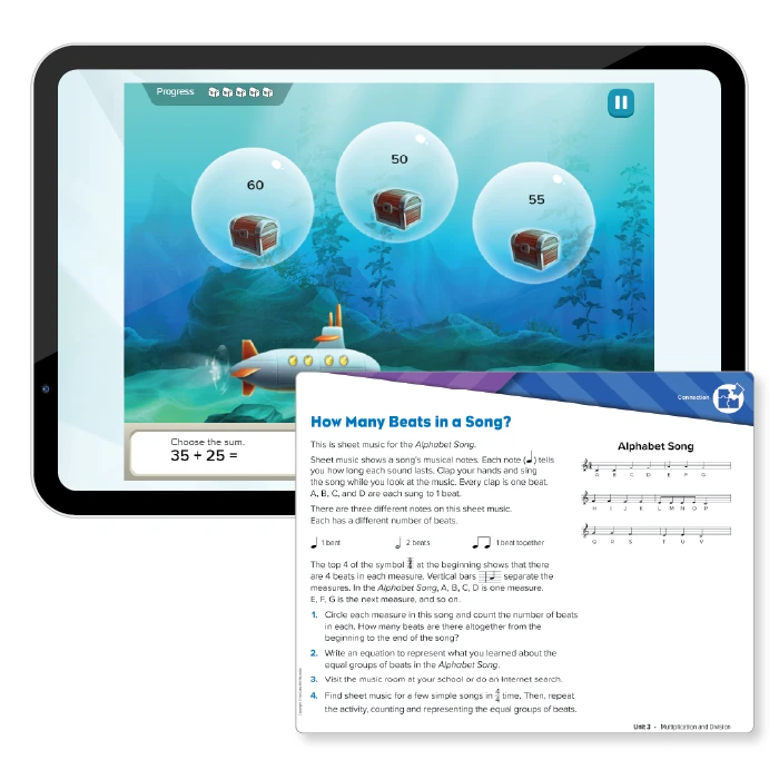 An online game displayed on a tablet and an excerpt  from an exercise titled “How Many Beats in a Song?” 