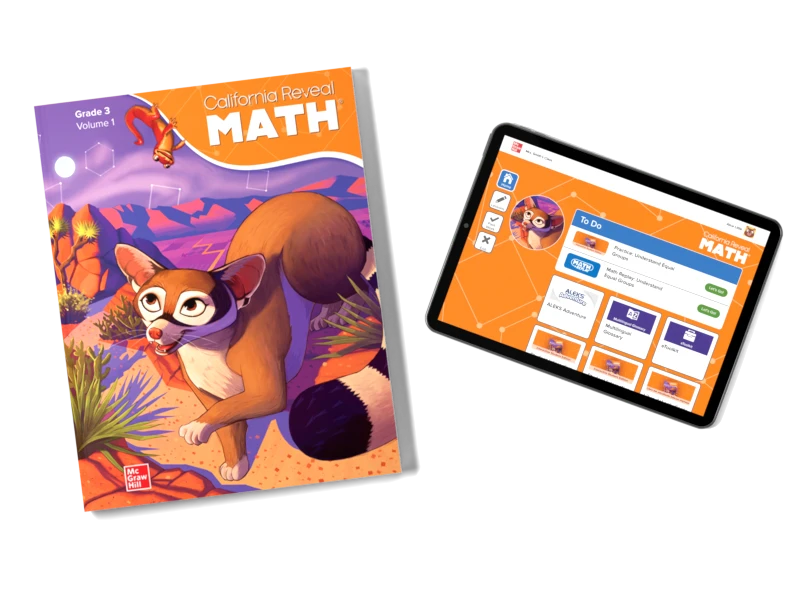 The California Reveal Math Student Edition and a tablet displaying the digital program. 