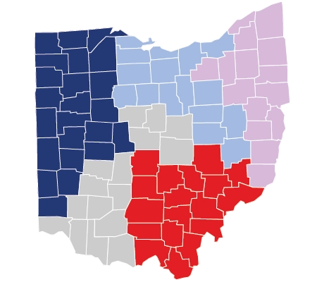 Ohio map with counties color coded to match corresponding reps