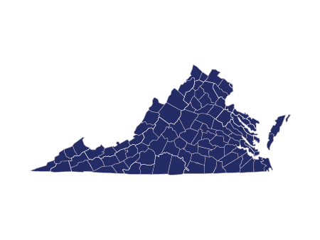 A map of Virginia indicating that Cessely Gordon covers diocese and small accounts all throughout the state. 